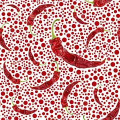 干燥明亮的辣椒和红点上的白色无缝图案
