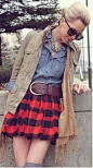Chambray Shirt with Red Plaid skirt / atlantic pacific