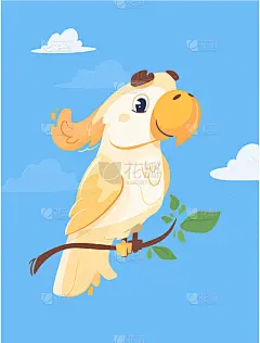 滑稽明亮的鹦鹉，蔚蓝的天空和白云。栖息在树枝上的澳大利亚凤头鹦鹉。可爱的人物鸟，插画在一个平坦的风格