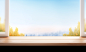 a window view scene with a wood frame, in the style of minimalist backgrounds, motion blur panorama, 32k uhd, tabletop photography, light amber and sky-blue, bright backgrounds, organic material