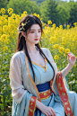  Enhanced, masterpiece, 16K, girl, Solo, Flower Field, rape flower, (\meng ze\), yue , hair ornament , hanfu,(big breasts:1.36)