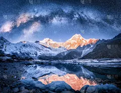 银河在雪山和湖的夜晚。景观上有白雪覆盖的高高的岩石，星空，倒影在尼泊尔的水中。天空的星星。喜马拉雅明