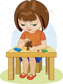 女孩制作橡皮泥人物卡通矢量插图孤立在白色