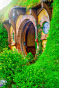 Hobbiton Village, wooden homes in New Zealand Nort