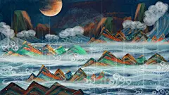 千库网_国潮山海经祥云大山神话精卫填海_插画编号77006