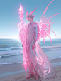 This may contain: a man with pink wings standing on the beach