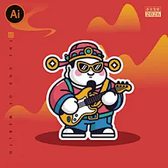 潮流嘻哈风财神弹吉他插画矢量图案贴纸