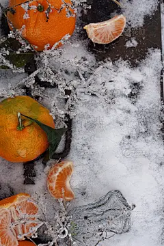 柑橘作为圣诞装饰以雪为背景。
