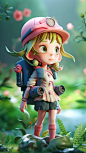 Wild camping girl, cute wind element elf girl, wavy hair, cartoon styling design, backpack holding camera, wearing cute hat, spring green grass with cherry tree under, gradient style, tide play blind box, clean background, natural lighting, 8K, Super Deta