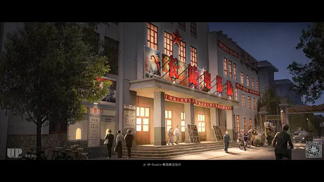 影视概念设计-气氛图-年代外景-电影院-街道-夜景夜市-花瓣网