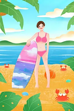手绘插画306196_沙滩上拿滑板冲浪的美女插画