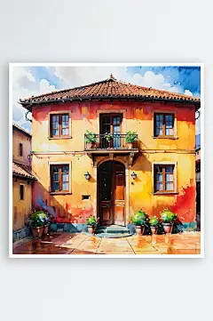 手绘油画老房子四合院插画-众图网