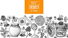 蜂蜜手绘矢量插图。健康食品的说明。字母优质蜂蜜100%有机。蜂巢，鲜花，一罐蜂蜜素描。图片素材