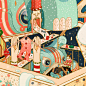 Victo Ngai - Mixc World Christmas : To capture the magical feeling of Xmas, I worked with the idea of "the infinite possibilities of gifting", represented by the box within the box within the box and the multiple Mixc Elephants and Little Girls.