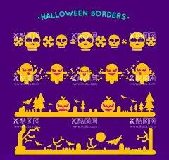 万圣节花纹边框  - 源文件下载【酷图网】4款,橙色万圣节,花纹边框,矢量素材,骷髅头,幽灵,蝙蝠,骨头,南瓜头,枯树,橙色,万圣节,花纹,边框,花边,矢量图,AI格式