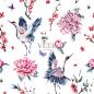 Watercolor seamless pattern with crane, blooming branches, peonies