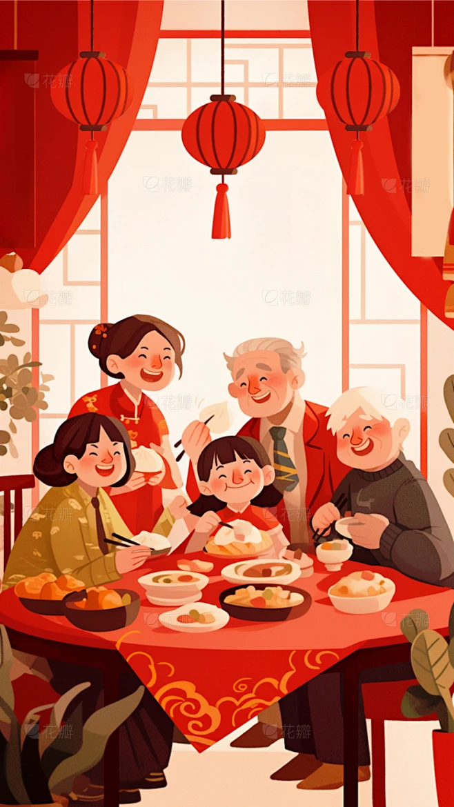 除夕&春节卡通插画年夜饭场景背景素材-花瓣网