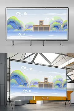 国潮鎏金中山亭地标建筑插画
