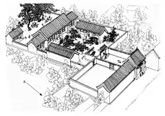 郑希成绘【宅基不正分割巧】 东城区灯草胡同36号 此地区明代曾是“红灯区”，日伪时期这里曾是一个汉奸的宅院，现在是机关宿舍。  此院是东西街坐南朝北的院子，地界很难做成门在西北角的四合院，所以设计者将地基划分成两块，形成一个北房独院和另一个三合院，并将南房北移，南房又变成明亮的北房，变成别具一格的幽静小院。四颗石榴和后院的树还保存完好，二门抱鼓石也保存完整。