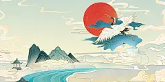 手绘国潮风国潮山水仙鹤插画海报背景中国风国潮背景