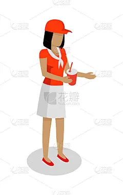 穿红白制服的女人在卖可乐。向量