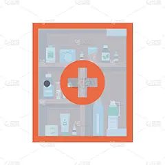 壁式药箱装满了药品、药丸、药片和药瓶。红色医疗柜，玻璃透明门关闭。