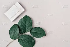 天然树枝与绿色的树叶和封闭的礼盒与惊喜的光背景。假日与生态理念。俯视图和平铺。
