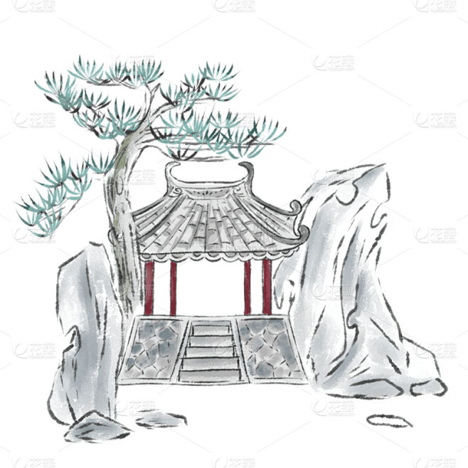 单顶凉亭元素创意贴纸-水墨风