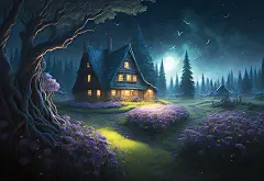 Ai产生的, 房子, 树木, 景观, 树, 魔法, 童话, 夜晚, 晚上, 花朵
