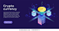 Cryptocoin mining farm layout. Cryptocurrency and blockchain network business isometric vector illustration. Crypto currency exchange or transaction process background.