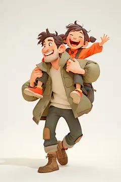 背着孩子的父女形象人物模型