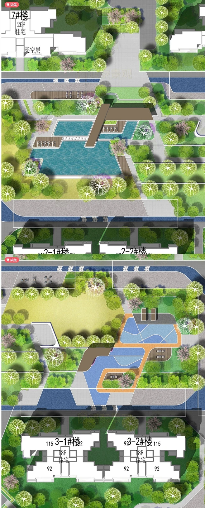 2023小清新住宅区景观彩平PSD分层素材现代居住小区景观彩平图ps-花瓣网