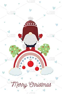 圣诞侏儒与斯堪的纳维亚彩虹，星星，圣诞树和轻花环。卡通圣诞卡模板。幼稚插图的请柬，印刷，新年贺卡