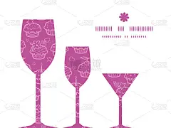 矢量彩色纸杯蛋糕派对三葡萄酒杯剪影图案框架