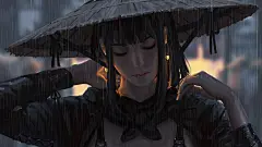 斗笠 女孩 耳环 唯美 闭眼 下雨天 动漫 壁纸
