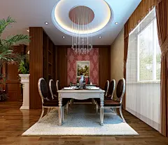 欧式印花地毯棕色实木长方形桌椅组合橘色吊灯灰色印花壁纸镂空X型隔断时尚客厅_3d模型