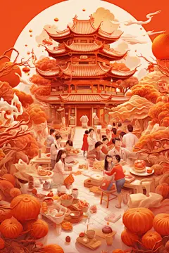 新年主题龙年除夕夜年夜饭插画