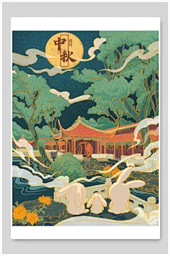 兔子云雾树木绿中秋节团圆插画-众图网
