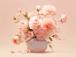 Pink flowers in a white vase on a light pink background, in the style of mike campau, realistic yet stylized, packed with hidden details, light orange and beige, rtx on, fragmented advertising, soft, romantic scenes