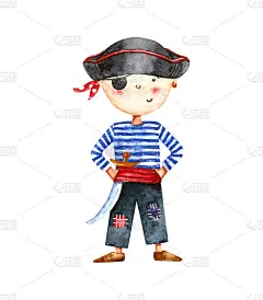 卡通可爱的海盗男孩在红色的头带，黑色的帽子，白色和蓝色的条纹衣服与剑孤立在白色的背景水彩插图。