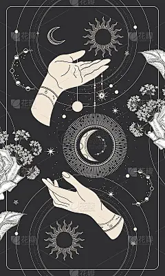 神奇的太阳的脸。塔罗牌，占星术插图。