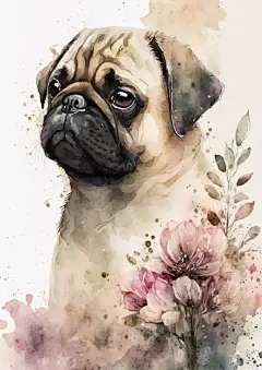 水彩风格八哥犬哈巴狗艺术插画矢量图设计素材