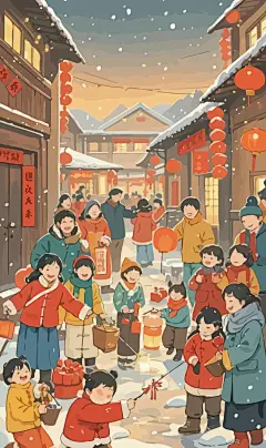春节雪景街景庆春插画图形