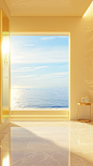 A light yellow angular space, on the left is a window, through which you can see the distant sea, on the right is a light yellow wall, the wall has a sense of grain, the window is metallic texture, high definition and high quality, c4D rendering, the whol