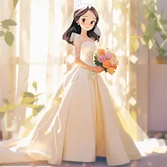 手捧鲜花卡通婚纱照插画