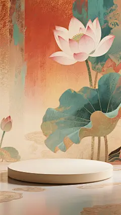 展台，场景素材，电商背景，国风，敦煌画风，荷花，竖屏，zxs (4)