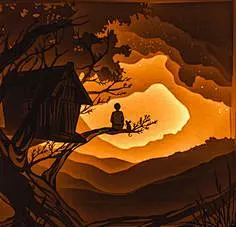 Shadow Box Scherenschnitt handgefertigt; Papier-Diorama in einem Rahmen hergestellt aus Spanplatten und Kunststoff Papier Schneiden der Lichtbox