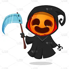 死神南瓜头卡通人物与镰刀。万圣节杰克灯插图设计的派对邀请或海报。向量稻草人