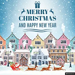 雪橇麋鹿圣诞老人节日街道冬季节日手绘主题海报模板矢量素材