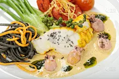 安康鱼,白色,番茄沙司,意大利面,水平画幅,无人,海产,明虾,樱桃番茄,图像